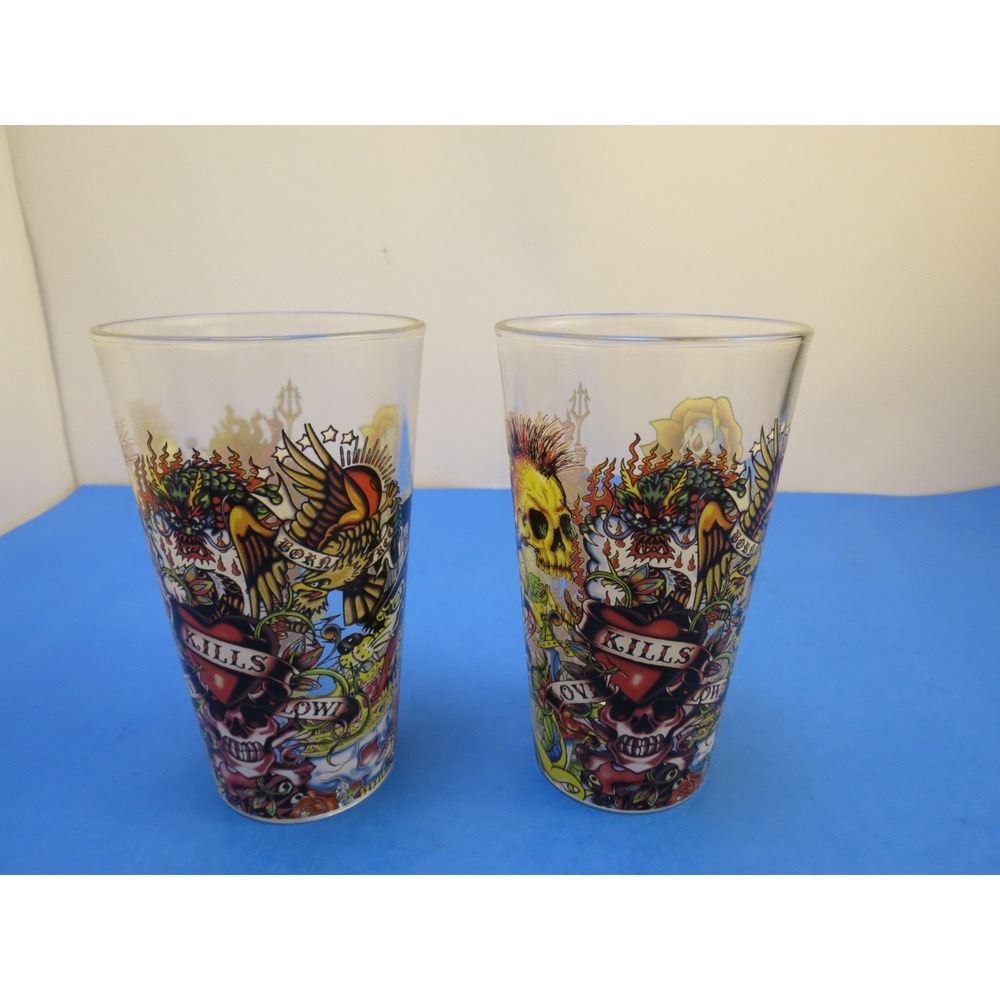 Set of 2 Ed Hardy 8 oz Drinking Glass Love Kills Slowly and Flower Skulls